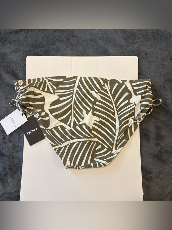 DKNY Bikini Bottom Women XXL Olive Green White Leaf Print Side Tie Swim Bottoms - Picture 2 of 7